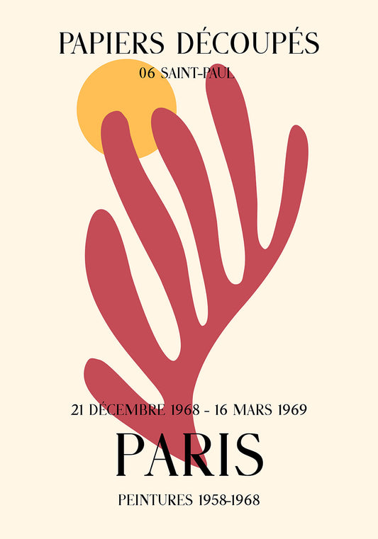 1968年パリ展の「06 SAINT-PAUL」と題された、マチスから着想を得た大胆な赤の「Papiers Découpés」デザインに黄色の丸がアクセントを添えたポスター。