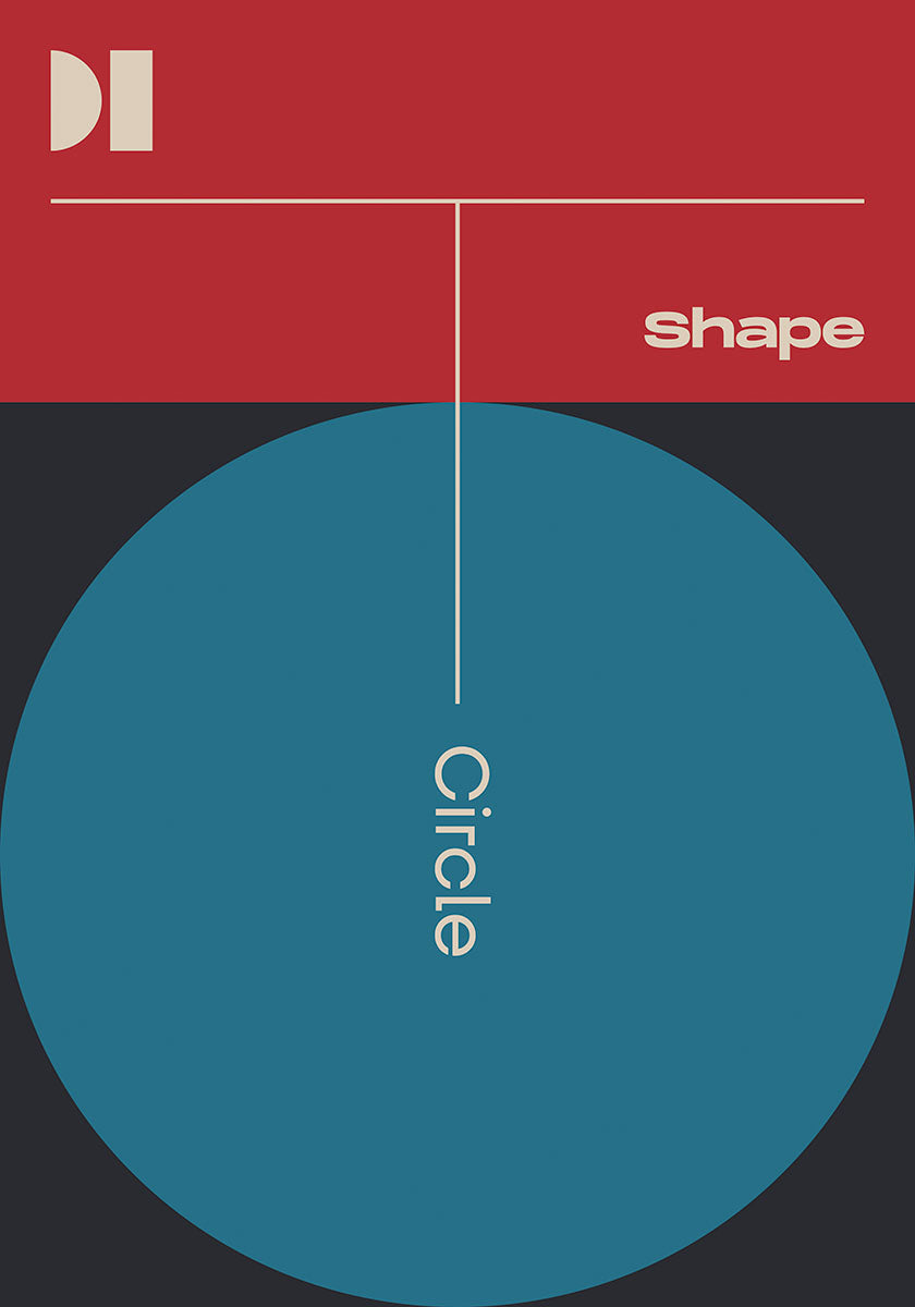 A minimalist poster with a large blue circle dominating the lower half against a red and black background with the words 'DI Shape Circle' in white, reflecting a sleek and modern design aesthetic