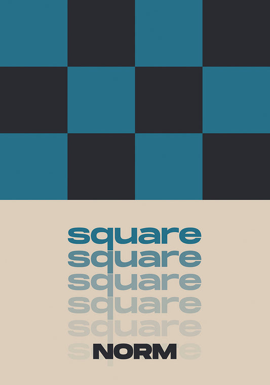 Minimalist abstract poster from the NORM collection featuring a checkerboard pattern of alternating dark and light blue squares with the word 'SQUARE' repeated and fading downwards, finishing with the brand 'NORM' at the bottom.