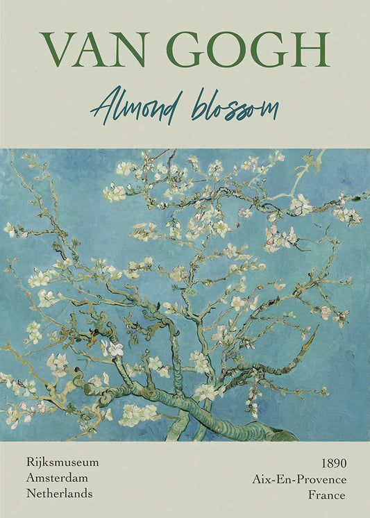 Vincent van Gogh's Almond Blossom painting poster with white flowers on blue background
