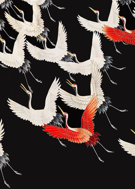 White Cranes and Red one flying poster