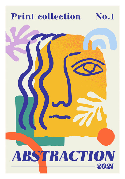 プリント・コレクションNo.1」と題されたカラフルな抽象ポスター。スタイライズされた顔の要素や有機的な形がモダンな構図で描かれ、切り絵のスタイルを反映した「ABSTRACTION 2021」の文字が目立つ。