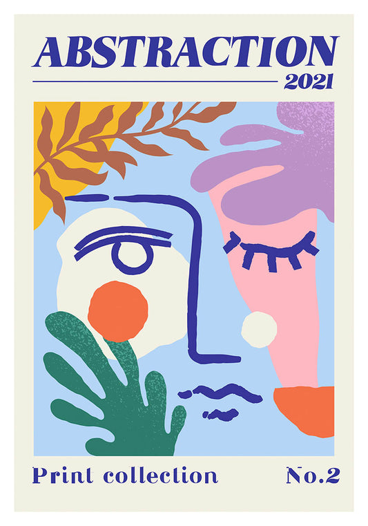Modern 'Print Collection No.2' poster with abstract designs, featuring playful shapes and a whimsical representation of a face in a palette of blues, pinks, and oranges, reminiscent of the Matisse cut-out style.