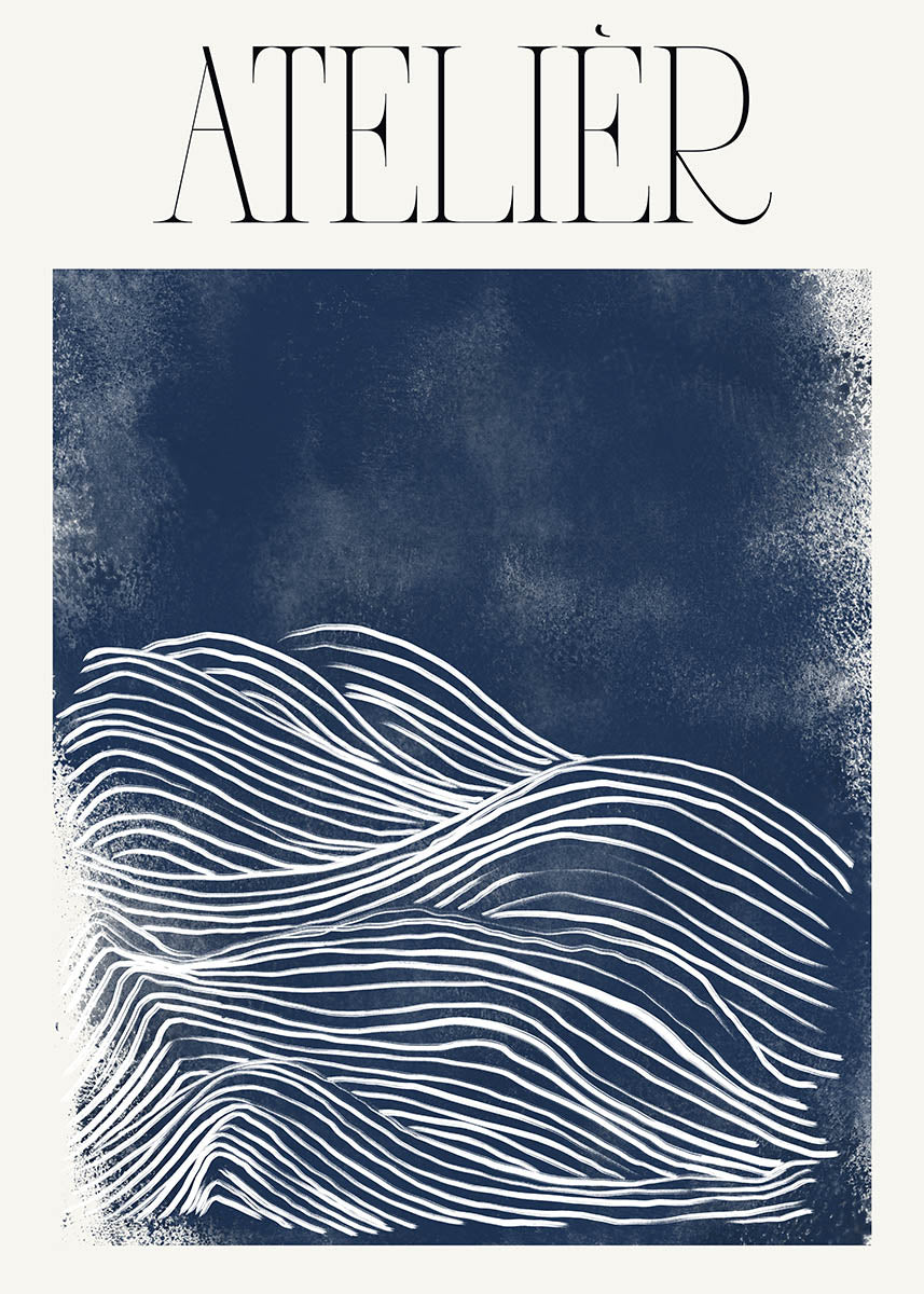 A minimalist poster titled 'ATELIER' with white linear patterns creating abstract waves on a textured deep blue background, ideal for modern and sophisticated interior decor.