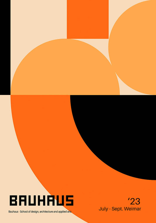 Abstract Bauhaus-inspired poster with geometric shapes in orange, black, and cream.