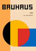 Bauhaus-inspired poster with bold geometric shapes in yellow, red, black, and blue on a neutral background.