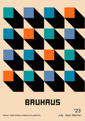 Bauhaus-inspired poster with a geometric cube pattern in teal, blue, orange, and black on a cream background.