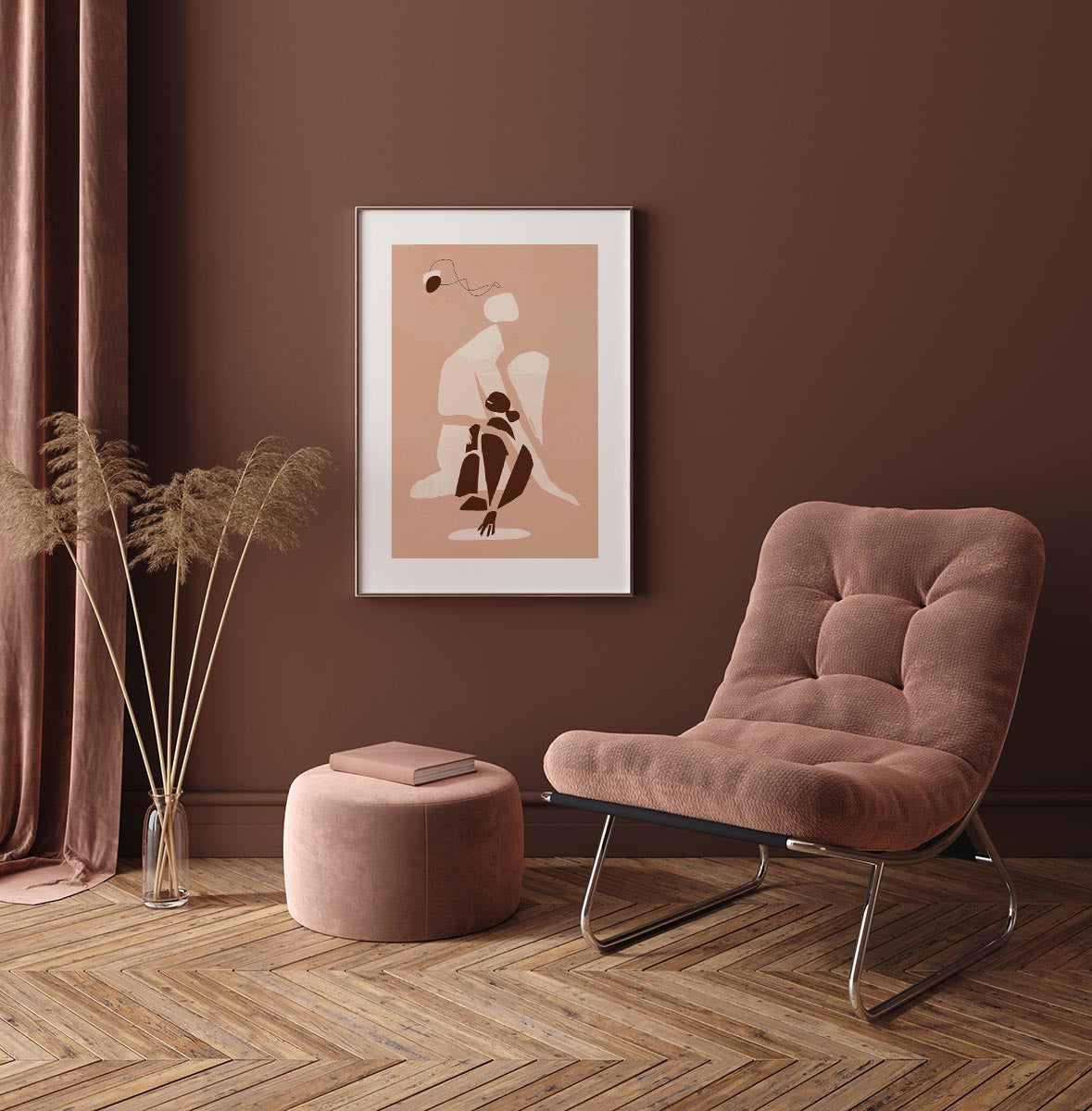Minimalist abstract art poster featuring a stylized figure in contemplation, rendered in soft beige, brown, and cream hues, evoking a serene and thoughtful atmosphere.