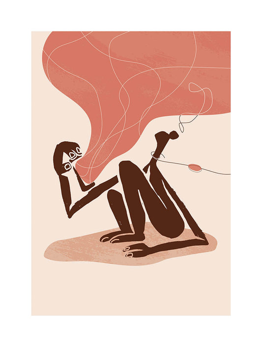 Stylish art poster displaying an abstract, minimalist depiction of a woman in shades of mauve and brown, with flowing lines suggesting movement, ideal for modern and sophisticated interior decor themes.