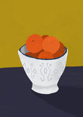 Minimalist still life poster of a patterned white bowl filled with oranges on a mustard yellow and dark navy background.