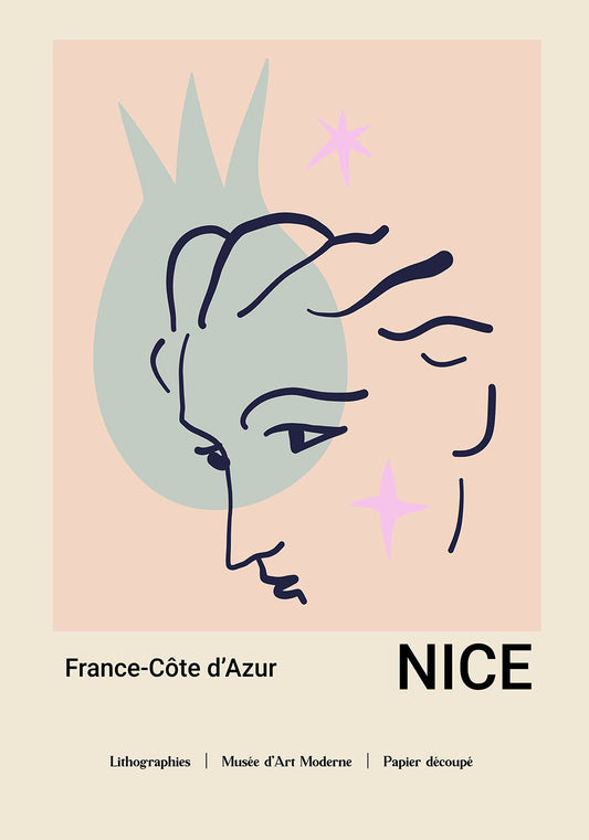 パステル調のエレガントなポスター。マティス風の「Papiers Découpés」デザインで、涼しげなブルーにピンクのアクセントで抽象的な顔立ちが描かれ、「NICE France-Côte d'Azur」の文字と「Lithographies｜Musée d'Art Moderne｜Papier découpé」の文字が芸術的で文化的な雰囲気を醸し出しています。