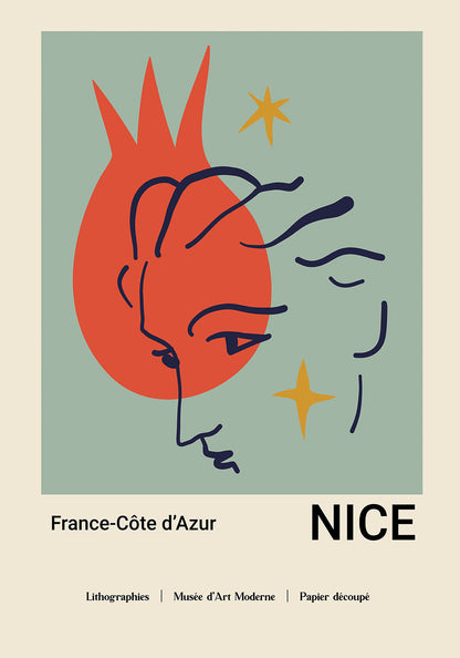 Stylized poster with 'Papiers Découpés' theme showcasing an abstract red figure against a sea-green background, with 'NICE France-Côte d'Azur' and references to the Musée d'Art Moderne and lithographies, reflecting Matisse's influential art style.