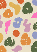 Abstract floral poster with colorful organic shapes in orange, pink, purple, green, and yellow on a neutral beige background.