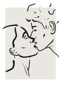 Minimalist line art of a couple sharing a kiss, drawn with bold black brushstrokes on a neutral beige background.