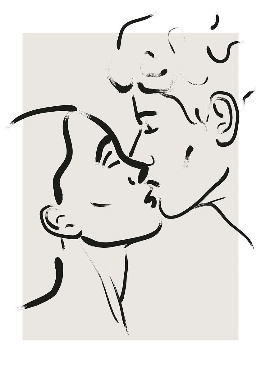 Minimalist line art of a couple sharing a kiss, drawn with bold black brushstrokes on a neutral beige background.