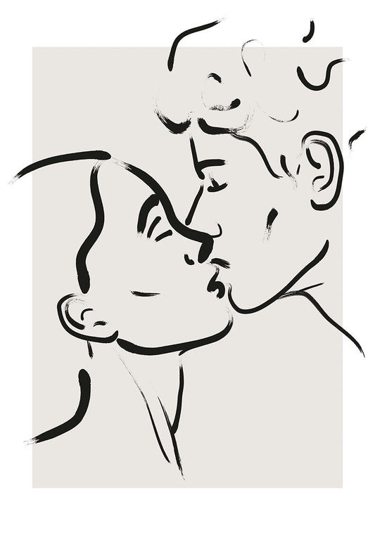 Minimalist line art of a couple sharing a kiss, drawn with bold black brushstrokes on a neutral beige background.